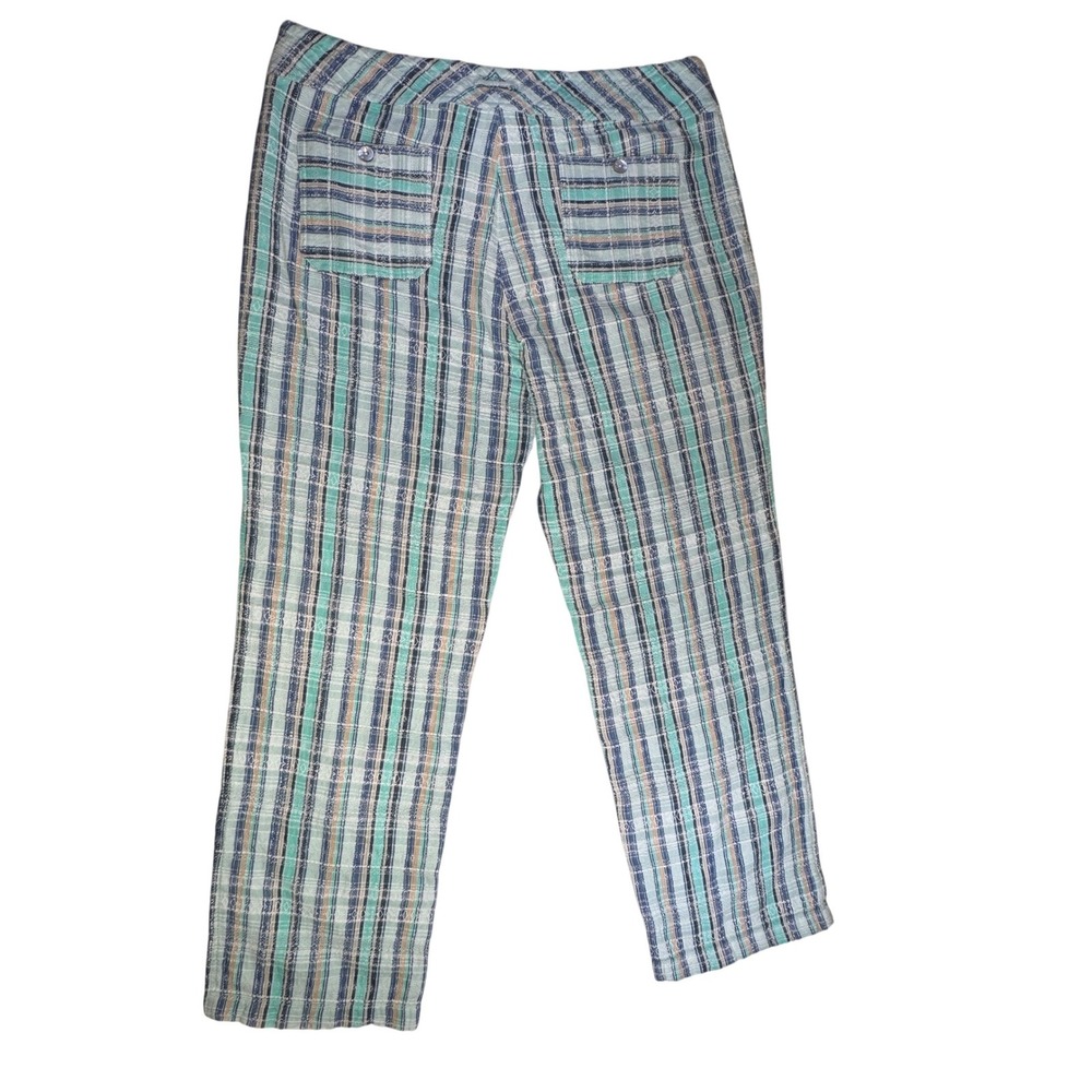 Sundance Womens Large Cotton Plaid Button Fly Straight Leg Pants Teal Blue Boho